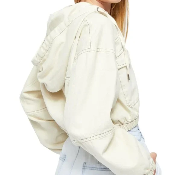 BDG Ivory Denim Cropped Hoodie Jacket Size L - Picture 2 of 6
